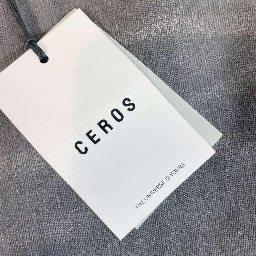 CEROS Womens Super High Rise Flare Jeans Distressed Gray 27 Leather Trim NEW - Picture 4 of 13